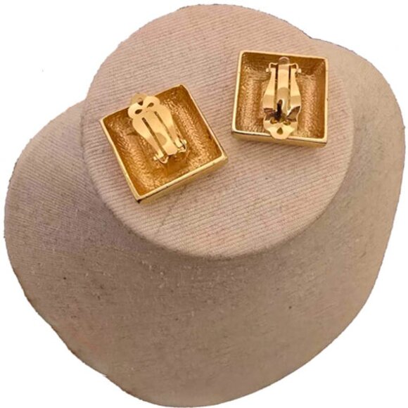 Vintage 80s/90s Clip Earrings Goldtone Square w Crystals Rhinestones Clip-on - Picture 2 of 4
